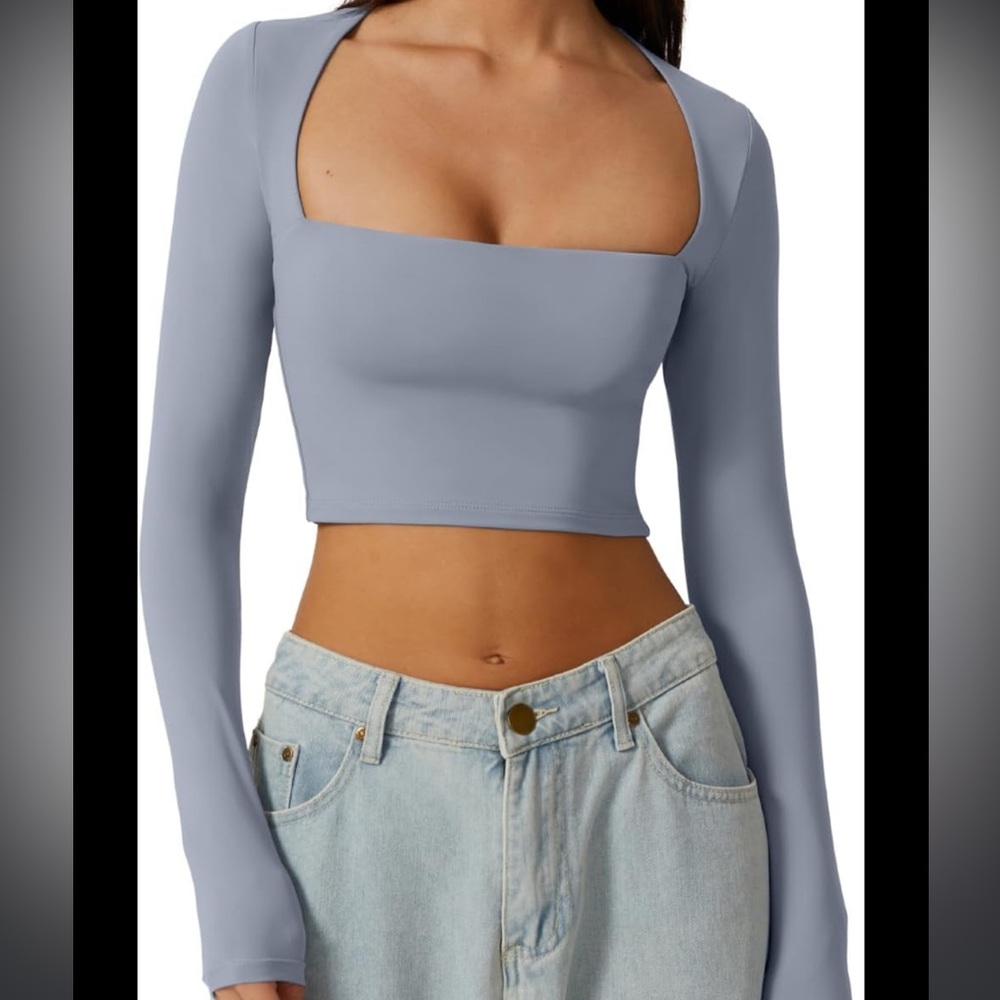 Women's Sexy Square Neck Crop Top Long Sleeve Slim Fit Cropped T Shirts